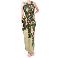 New Zealand Christmas Tank Maxi Dress Romantic Tui Birds on Pohutukawa - Ivory - Polynesian Pride