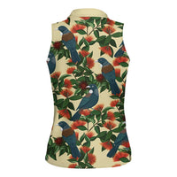 New Zealand Christmas Women Sleeveless Polo Shirt Romantic Tui Birds on Pohutukawa - Ivory - Polynesian Pride
