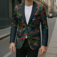 New Zealand Christmas Blazer Romantic Tui Birds on Pohutukawa - Cobalt - Polynesian Pride