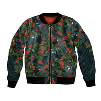 New Zealand Christmas Bomber Jacket Romantic Tui Birds on Pohutukawa - Cobalt - Polynesian Pride
