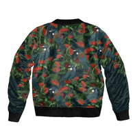 New Zealand Christmas Bomber Jacket Romantic Tui Birds on Pohutukawa - Cobalt - Polynesian Pride
