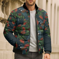 New Zealand Christmas Bomber Puffer Jacket Romantic Tui Birds on Pohutukawa - Cobalt - Polynesian Pride