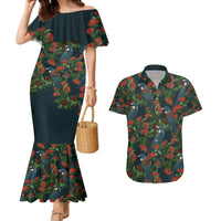 New Zealand Christmas Couples Matching Mermaid Dress and Hawaiian Shirt Romantic Tui Birds on Pohutukawa - Cobalt - Polynesian Pride