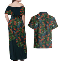 New Zealand Christmas Couples Matching Off Shoulder Maxi Dress and Hawaiian Shirt Romantic Tui Birds on Pohutukawa - Cobalt - Polynesian Pride
