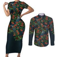 New Zealand Christmas Couples Matching Short Sleeve Bodycon Dress and Long Sleeve Button Shirt Romantic Tui Birds on Pohutukawa - Cobalt - Polynesian Pride
