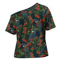 New Zealand Christmas Cross Shoulder Shirt Romantic Tui Birds on Pohutukawa - Cobalt - Polynesian Pride