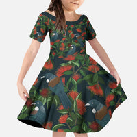 New Zealand Christmas Family Matching Off The Shoulder Long Sleeve Dress and Hawaiian Shirt Romantic Tui Birds on Pohutukawa - Cobalt - Polynesian Pride