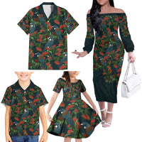 New Zealand Christmas Family Matching Off The Shoulder Long Sleeve Dress and Hawaiian Shirt Romantic Tui Birds on Pohutukawa - Cobalt - Polynesian Pride