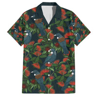 New Zealand Christmas Family Matching Off Shoulder Short Dress and Hawaiian Shirt Romantic Tui Birds on Pohutukawa - Cobalt LT7 Dad's Shirt - Short Sleeve Cobalt - Polynesian Pride