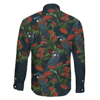 New Zealand Christmas Family Matching Off Shoulder Short Dress and Hawaiian Shirt Romantic Tui Birds on Pohutukawa - Cobalt LT7 - Polynesian Pride