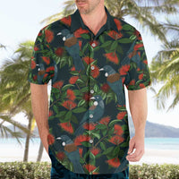 New Zealand Christmas Hawaiian Shirt Romantic Tui Birds on Pohutukawa - Cobalt - Polynesian Pride