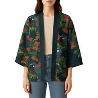 New Zealand Christmas Kimono Romantic Tui Birds on Pohutukawa - Cobalt - Polynesian Pride