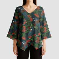 New Zealand Christmas Kimono Sleeve Blouse Romantic Tui Birds on Pohutukawa - Cobalt - Polynesian Pride