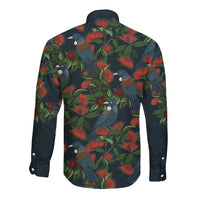 New Zealand Christmas Long Sleeve Button Shirt Romantic Tui Birds on Pohutukawa - Cobalt - Polynesian Pride