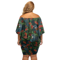 New Zealand Christmas Off Shoulder Short Dress Romantic Tui Birds on Pohutukawa - Cobalt - Polynesian Pride