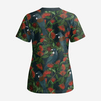 New Zealand Christmas Scrub Top Romantic Tui Birds on Pohutukawa - Cobalt - Polynesian Pride