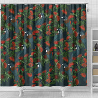 New Zealand Christmas Shower Curtain Romantic Tui Birds on Pohutukawa - Cobalt - Polynesian Pride
