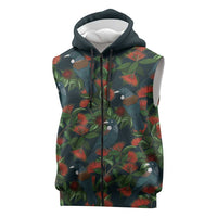 New Zealand Christmas Sleeveless Zip Hoodie Romantic Tui Birds on Pohutukawa - Cobalt LT7 Cobalt - Polynesian Pride