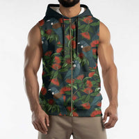 New Zealand Christmas Sleeveless Zip Hoodie Romantic Tui Birds on Pohutukawa - Cobalt - Polynesian Pride