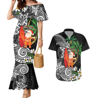 Polynesian Couples Matching Mermaid Dress and Hawaiian Shirt Tropical Santa - Plumeria Black Vintage LT7 Black - Polynesian Pride