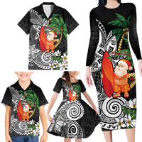 Polynesian Family Matching Long Sleeve Bodycon Dress and Hawaiian Shirt Tropical Santa - Plumeria Black Vintage LT7 - Polynesian Pride