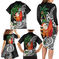 Polynesian Family Matching Long Sleeve Bodycon Dress and Hawaiian Shirt Tropical Santa - Plumeria Black Vintage LT7 - Polynesian Pride
