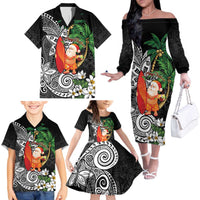 Polynesian Family Matching Off The Shoulder Long Sleeve Dress and Hawaiian Shirt Tropical Santa - Plumeria Black Vintage LT7 - Polynesian Pride