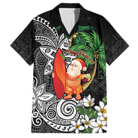 Polynesian Family Matching Off Shoulder Short Dress and Hawaiian Shirt Tropical Santa - Plumeria Black Vintage