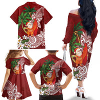 Polynesian Family Matching Off The Shoulder Long Sleeve Dress and Hawaiian Shirt Tropical Santa - Plumeria Red Vintage LT7 - Polynesian Pride