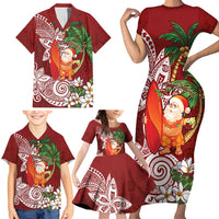 Polynesian Family Matching Short Sleeve Bodycon Dress and Hawaiian Shirt Tropical Santa - Plumeria Red Vintage LT7 - Polynesian Pride