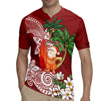 Polynesian Rugby Jersey Tropical Santa - Plumeria Red Vintage