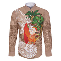 Polynesian Family Matching Long Sleeve Bodycon Dress and Hawaiian Shirt Tropical Santa - Plumeria Beige Vintage LT7 Dad's Shirt - Long Sleeve Beige - Polynesian Pride
