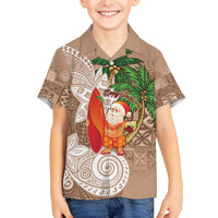 Polynesian Family Matching Off The Shoulder Long Sleeve Dress and Hawaiian Shirt Tropical Santa - Plumeria Beige Vintage LT7 Son's Shirt Beige - Polynesian Pride