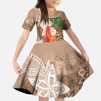 Polynesian Family Matching Short Sleeve Bodycon Dress and Hawaiian Shirt Tropical Santa - Plumeria Beige Vintage LT7 Daughter's Dress Beige - Polynesian Pride