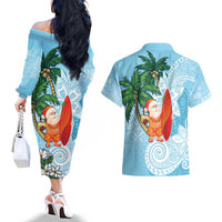 Polynesian Couples Matching Off The Shoulder Long Sleeve Dress and Hawaiian Shirt Tropical Santa - Plumeria Turquoise Vintage LT7 - Polynesian Pride