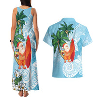 Polynesian Couples Matching Tank Maxi Dress and Hawaiian Shirt Tropical Santa - Plumeria Turquoise Vintage LT7 - Polynesian Pride