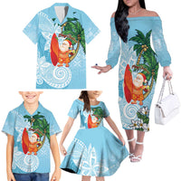 Polynesian Family Matching Off The Shoulder Long Sleeve Dress and Hawaiian Shirt Tropical Santa - Plumeria Turquoise Vintage LT7 - Polynesian Pride