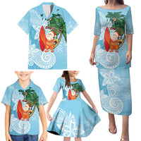 Polynesian Family Matching Puletasi and Hawaiian Shirt Tropical Santa - Plumeria Turquoise Vintage LT7 - Polynesian Pride