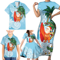 Polynesian Family Matching Short Sleeve Bodycon Dress and Hawaiian Shirt Tropical Santa - Plumeria Turquoise Vintage LT7 - Polynesian Pride