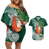 Polynesian Couples Matching Off Shoulder Short Dress and Hawaiian Shirt Tropical Santa - Plumeria Green Vintage LT7 Green - Polynesian Pride