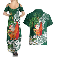 Polynesian Couples Matching Summer Maxi Dress and Hawaiian Shirt Tropical Santa - Plumeria Green Vintage LT7 - Polynesian Pride