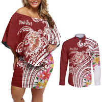Aloha Hawaii Island Personalized Couples Matching Off Shoulder Short Dress and Long Sleeve Button Shirt Crimson Dreamy Turtle