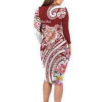 Aloha Hawaii Island Personalized Family Matching Long Sleeve Bodycon Dress and Hawaiian Shirt Crimson Dreamy Turtle