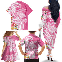 Aloha Maui Island Personalized Family Matching Off The Shoulder Long Sleeve Dress and Hawaiian Shirt Rose Dreamy Turtle