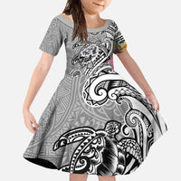 Aloha Kahoolawe Island Personalized Family Matching Long Sleeve Bodycon Dress and Hawaiian Shirt Ashen Dreamy Turtle LT7 Daughter's Dress Grey - Polynesian Pride