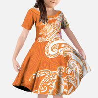 Aloha Lanai Island Personalized Family Matching Off The Shoulder Long Sleeve Dress and Hawaiian Shirt Orange Dreamy Turtle LT7 Daughter's Dress Orange - Polynesian Pride