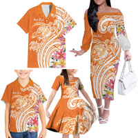Aloha Lanai Island Personalized Family Matching Off The Shoulder Long Sleeve Dress and Hawaiian Shirt Orange Dreamy Turtle LT7 - Polynesian Pride