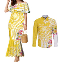 Aloha Oahu Island Personalized Couples Matching Mermaid Dress and Long Sleeve Button Shirt Yellow Dreamy Turtle