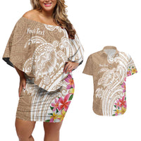 Aloha Niihau Island Personalized Couples Matching Off Shoulder Short Dress and Hawaiian Shirt Beige Dreamy Turtle LT7 Beige - Polynesian Pride