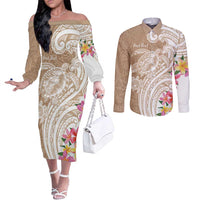 Aloha Ni’ihau Island Personalized Couples Matching Off The Shoulder Long Sleeve Dress and Long Sleeve Button Shirt Beige Dreamy Turtle